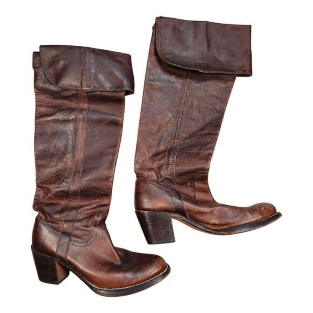 Vintage Frye Leather Boots Over The Knee Cuffed Brown Womens‎ 6B